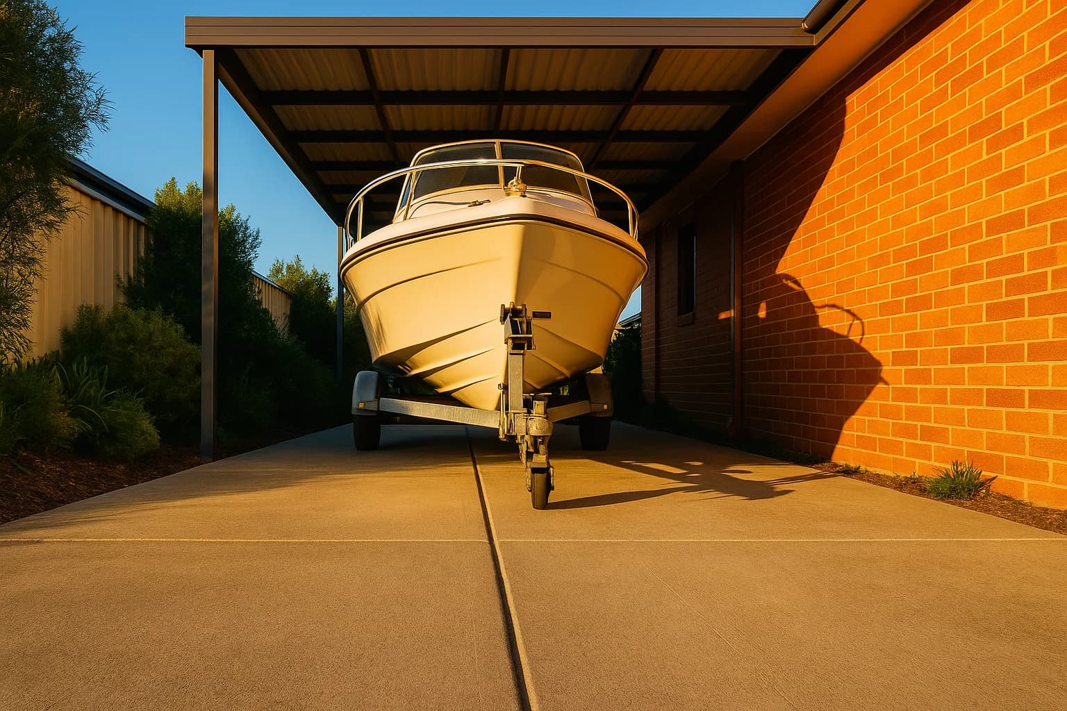 Boat on trailer under residential carport, golden afternoon light