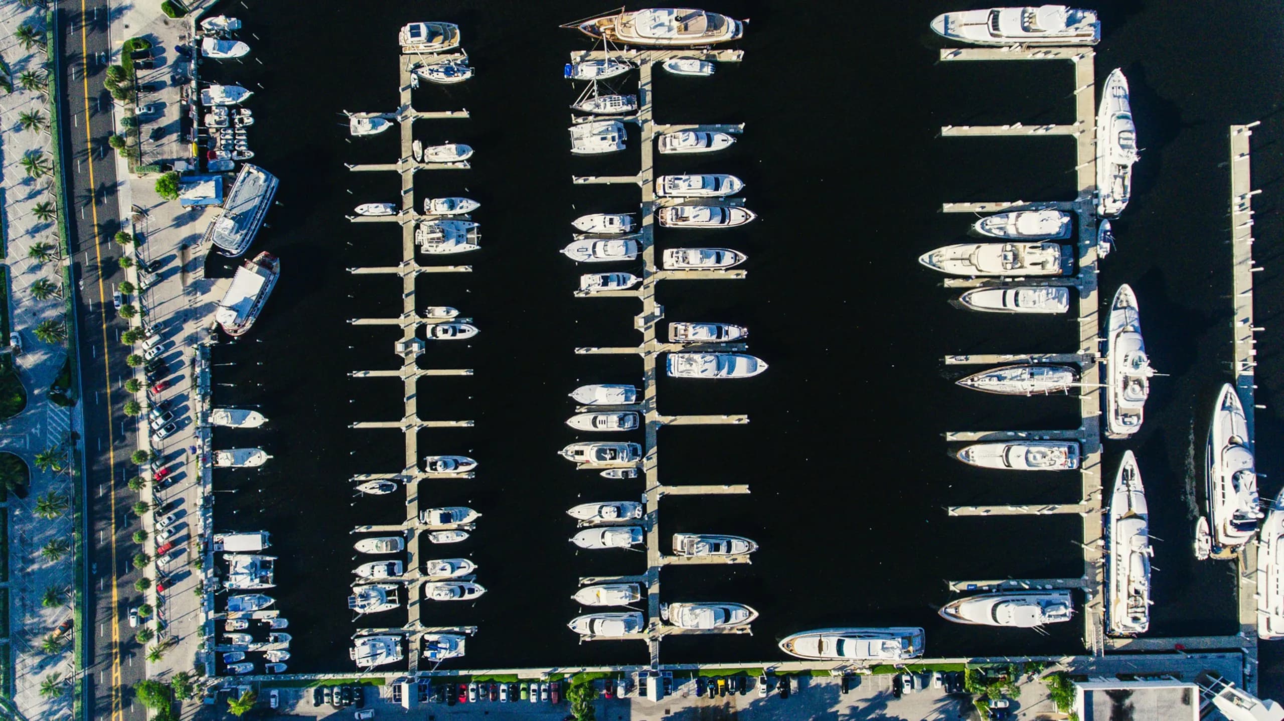 Aerial view of boats moored in a marina